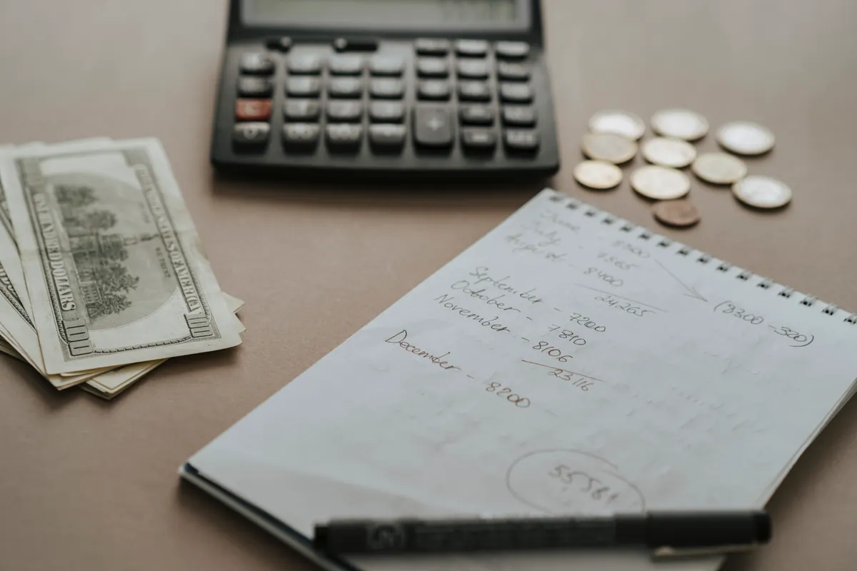 Calculator, notes, cash and coins on a desk for working out earnings